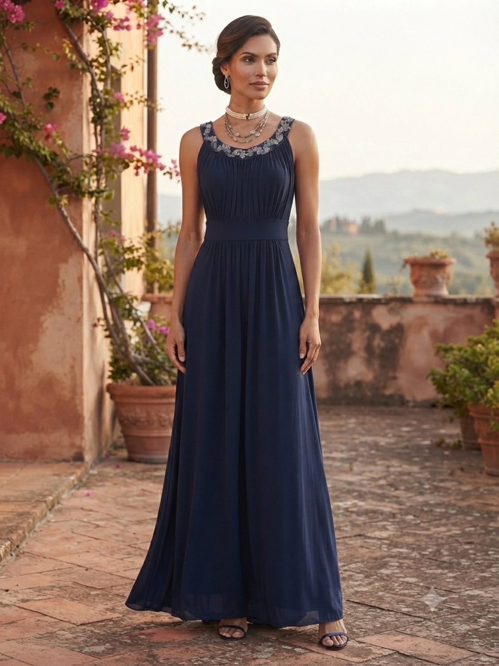 Elegant Navy Sleeveless Maxi Dress with Embellished Neckline